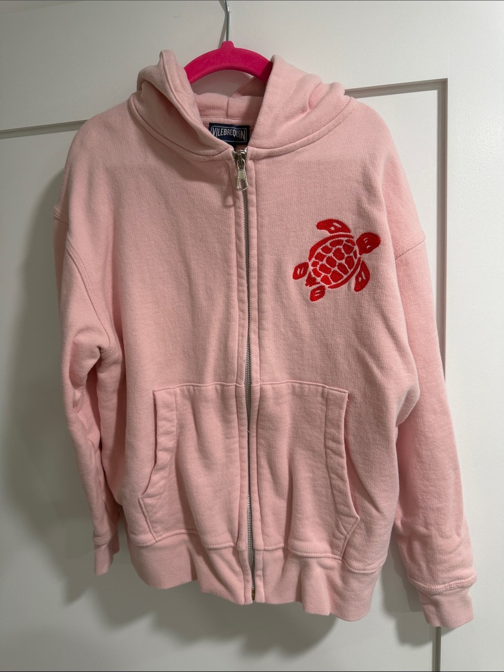 Vilebrequin Light Pink Zip Hoodie with Red Turtle Patch - Kids